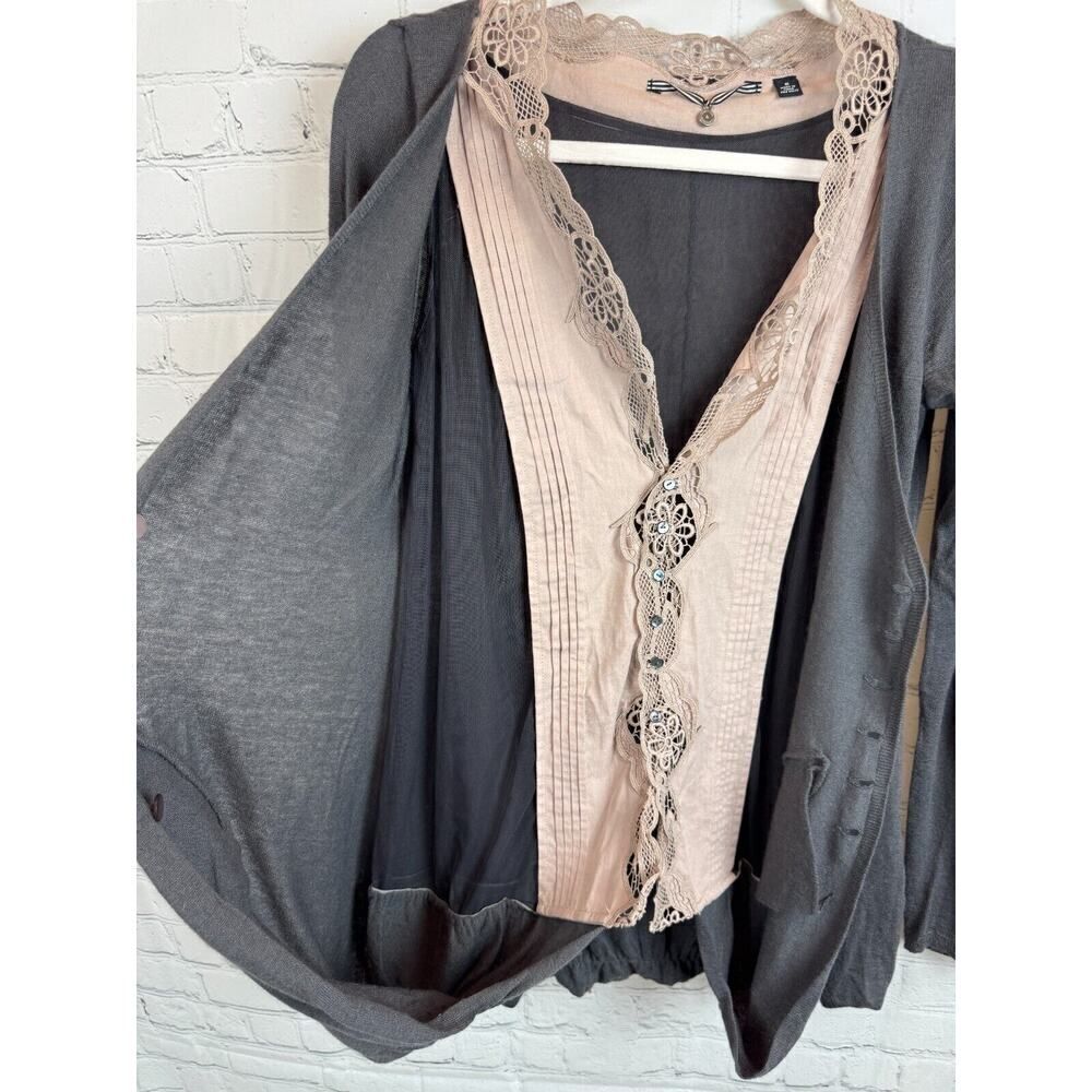 Knitted and Knotted Gray Cardigan with Lace Trim - Picture 8 of 12